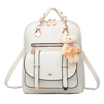 

Vintage PU Leather Backpack Women Simple Preppy Style Backpack With Bear Toy Famous Brand College Knapsack Mochilas #T1G