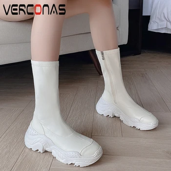 

VERCONAS Fashion Concise Women Mid-Calf Boots Genuine Leather Autumn Winter New Zipper Casual Sport Boots Woman Stretch Boots