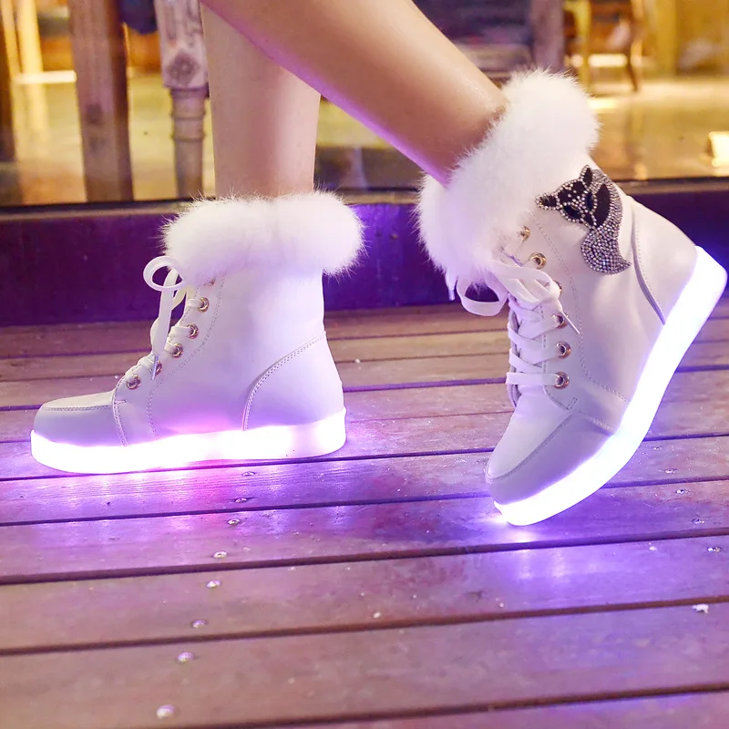 de Size26-36 con luces LED para niñas, zapatos brillantes de colores, botas cálidas de piel de conejo peludas para invierno, con carga Usb - AliExpress