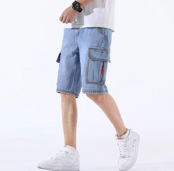 

Big Size 5XL Denim Men Shorts Multi-Pockets Cargo Casual Solid Loose Shorts 2020 Summer Straight Knee Length Jeans Shorts w683