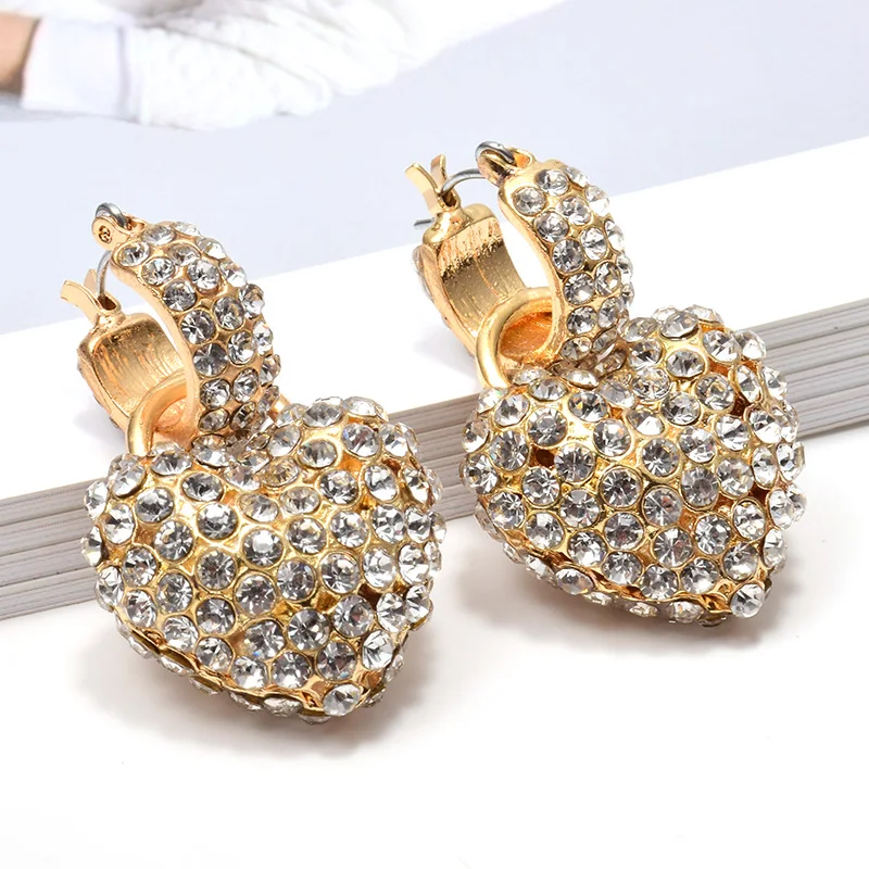 

New Heart-Shaped Metal Dangle Drop Earrings Studded With Dense Rhinestone Fine Crystal Jewelry Accessories For Women Wholesale