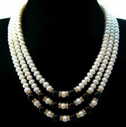 

3 Rows 7-8mm Genuine Freshwater White Pearl Black Agate Onyx Crystal Clasp Necklace