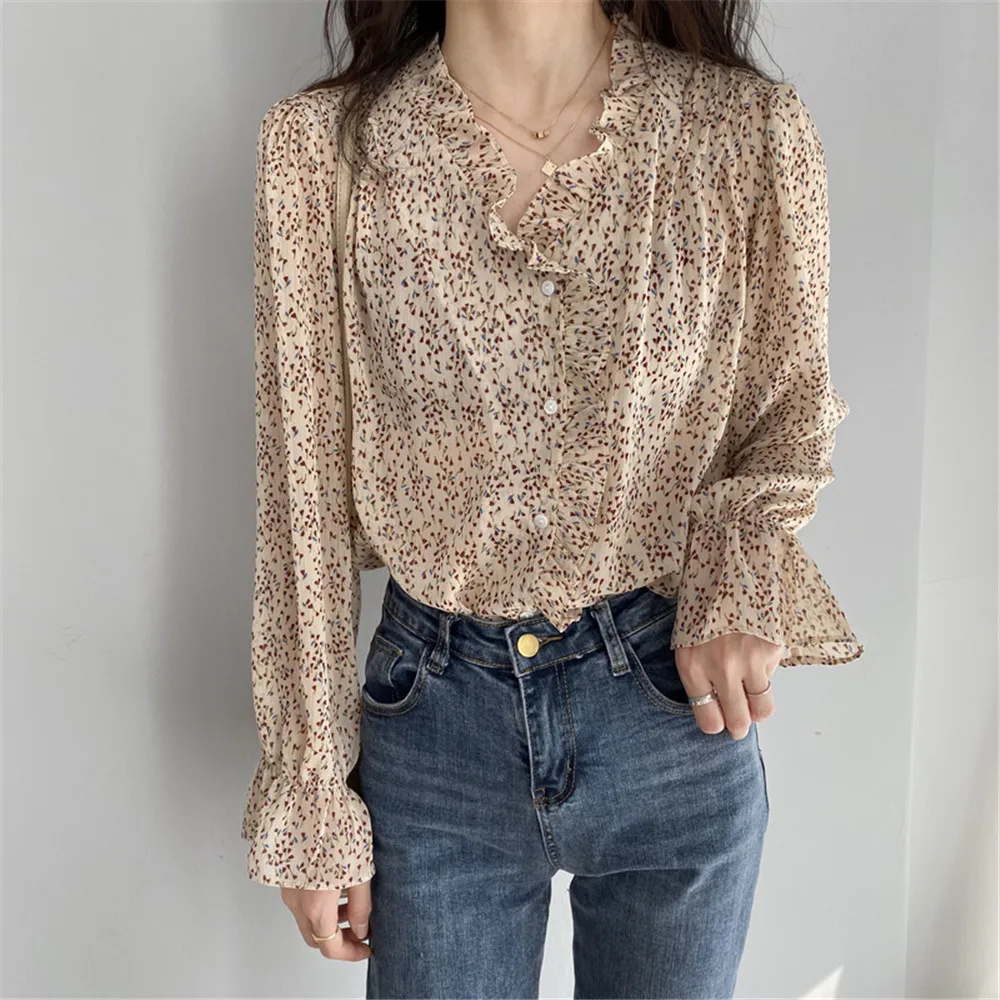 2020 Casual Vintage Chiffon Shirt Blouse Women Floral Printed Lantern Sleeve Women Tops  Blouse V Neck Blusas Mujer De Moda z669 (2)