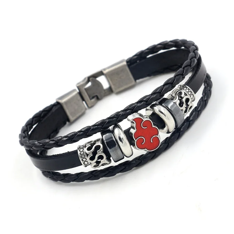 

Japanese Anime Naruto Cosplay Jewelry Red Cloud Symbol Double Rope Metal PU Leather Wristband Bracelet Boy Christmas Gift