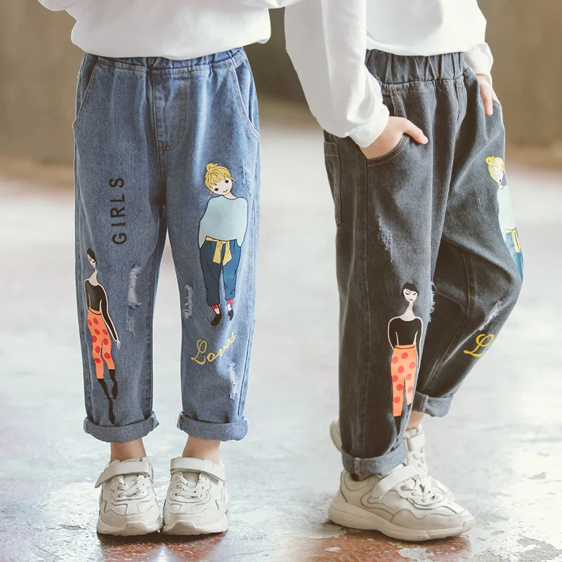 

Girls Autumn Jeans 2019 New Style Korean-style CHILDREN'S Cartoon Printed Pants Big Boy Western Style with Holes Trousers