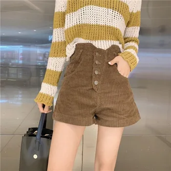 

2020 Spring And Summer New Women's Office Lady Corduroy Shorts Fashion High Waist Wide Leg Shorts Female Bottoms Women Y007