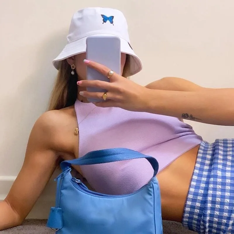 Panama with Butterfly Canvas Bucket Hat White Butterfly Embroidery Double-sided Wearable Basin Caps Outdoor Travel Visor Hat