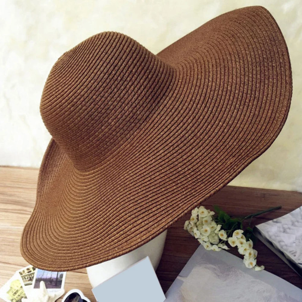 Hawaiian Summer Beach Floppy Hat Solid Color Women Wide Brim Straw Sun Cap