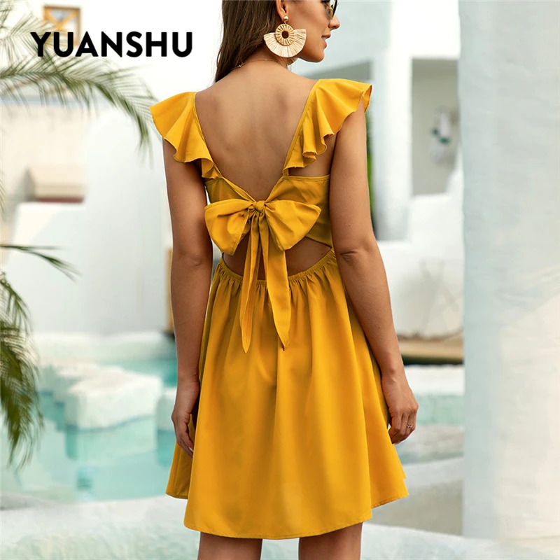 

YUANSHU Casual Ruffled Sleeve Summer Dress Women Elegant Backless Bow Tie Mini Dress Solid Yellow Button Beach Sundress