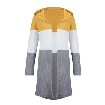 

Open Front Casual Women Cardigan Daily Knitted Colorblock Ladies Tops Patchwork Fashion Long Sleeve Hooded Autumn Outwear