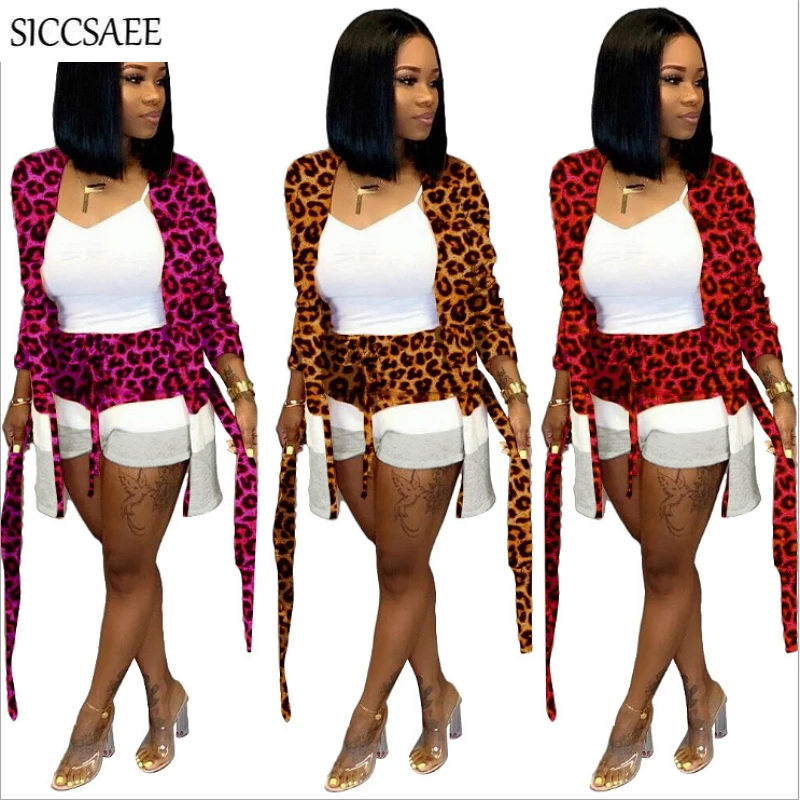 

Leopard Printed Patchwork Two Piece Set Women Maxi Cardigan With Sashes Short Sets 2019 Autumn Conjunto Feminino Short E Blusa