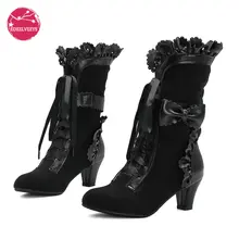 Winter Girls Lolita Faux Suede Mid-Calf Boots High Heel Ruffle Trim Japanese Princess Cosplay Party Shoes Vintage Sweet Kawaii
