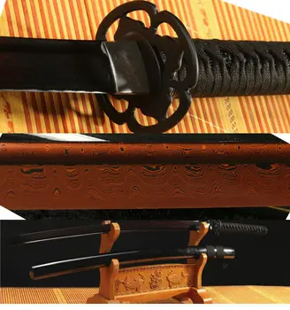 

DAMASCUS FOLDED STEEL BLACK RED FULL TANG SHARP JAPANESE SAMURAI KATANA SWORD