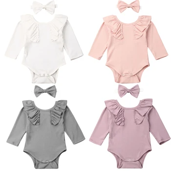 

0-24M Newborn Baby Girl Ruffles Long Sleeve Solid Color Cotton Bodysuit Jumpsuit Headband 2PCS Autumn Clothes