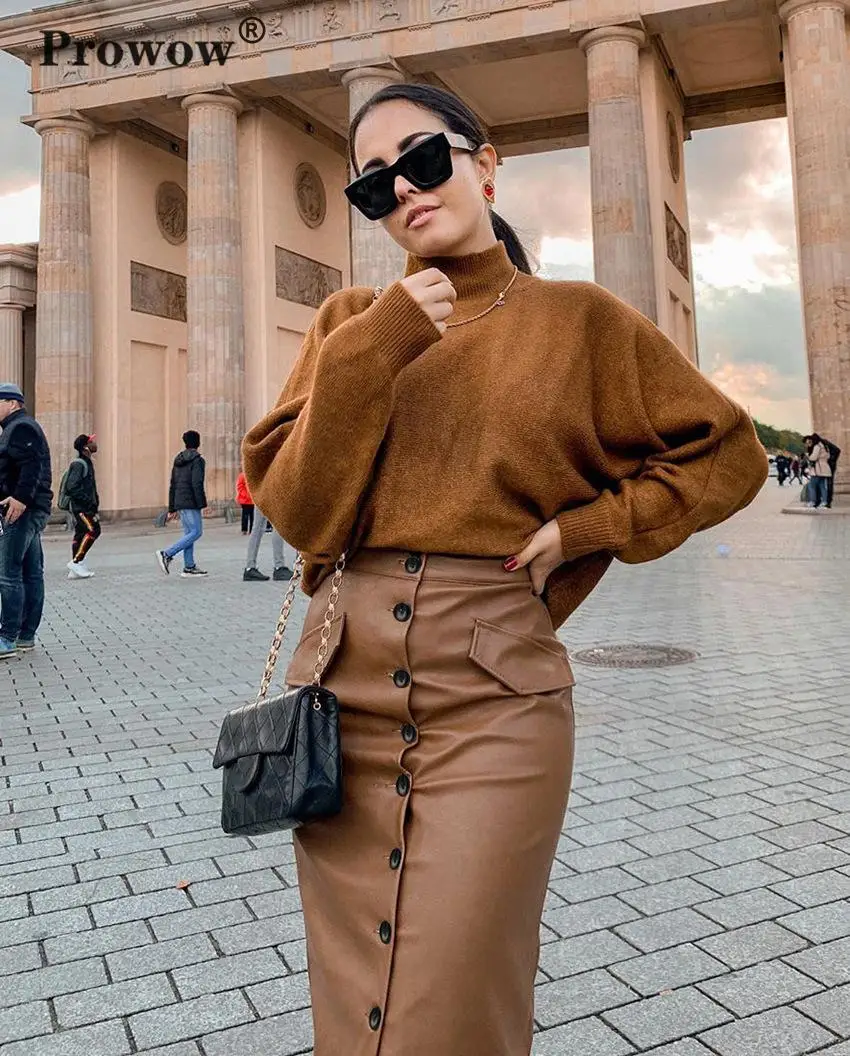 

Prowow Pu Pencil Skirt Women Solid Color Front Buttons Split Midi Sexy Skirts Ladies High Waist Autumn Winter Leather Skirt