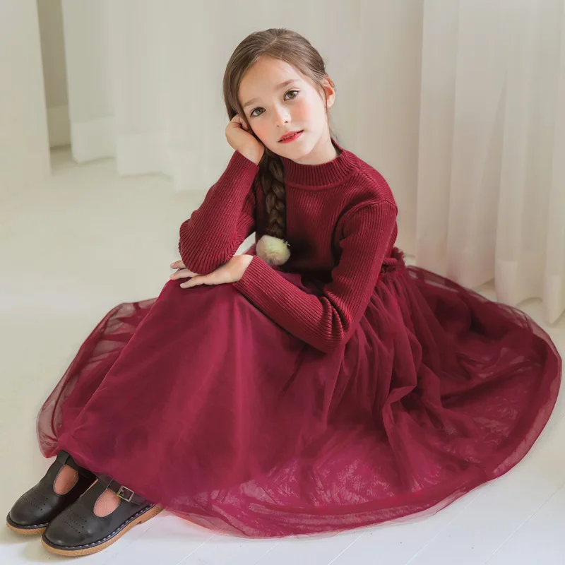 

2019 New Girl Dresses Autumn Winter Children Sweater Top Patchwork Mesh Red Blue Princess Cute Dress Kids Fashion Dress