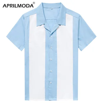 

2019 Blue Summer Casual Men's Slim Fit Shirts Streetwear 1950s 60s Retro Vintage Rockabilly Men Tops and Blouses Hawaiian Shirt