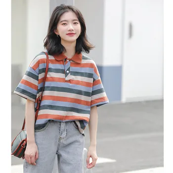 

Short-sleeved Polo Shirt Women Spring Loose Chinese Style Stitching Retro Printed Women Shirts