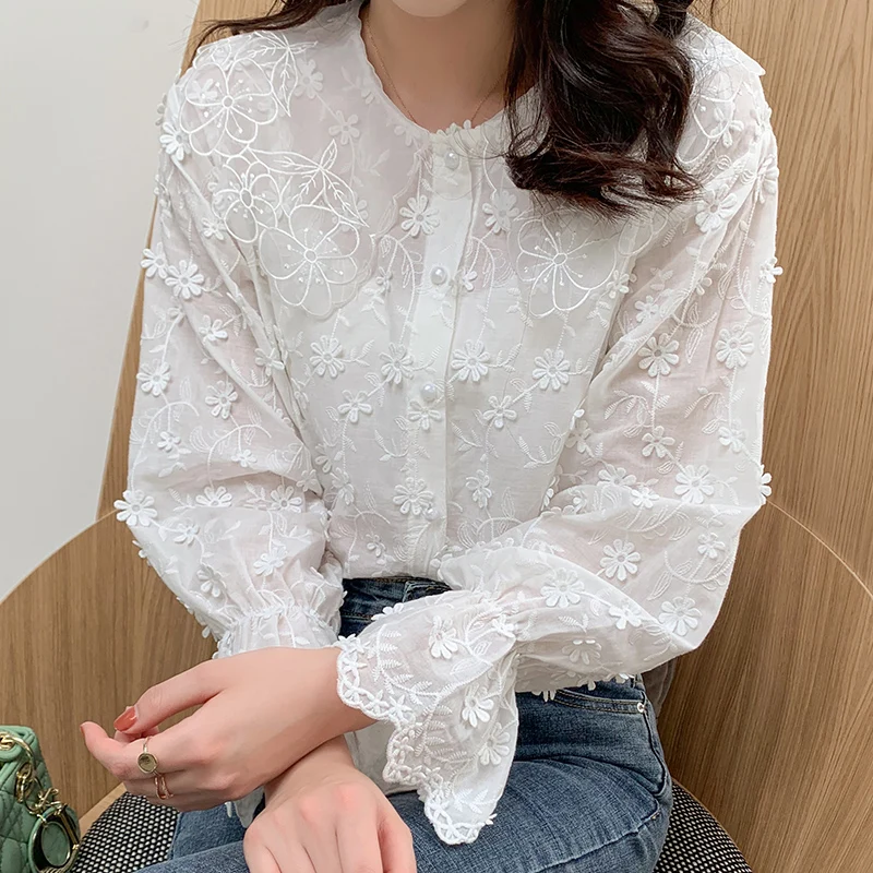 

Lace Autumn 2019 fall New Korean Version Embroidery Women Set Cotton Blouses Shirts Ruffles Full Sleeve Women's Tops 673B