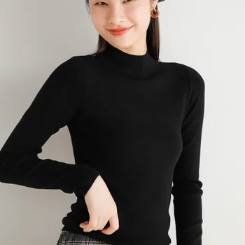 

Ladies solid color half high collar solid color long sleeve knitted T-shirt