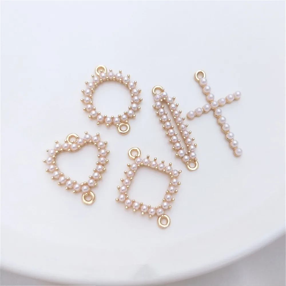 14K Gold Plated Set small pearl heart diamond round double hanging accessories DIY bracelet earrings hanging fittings