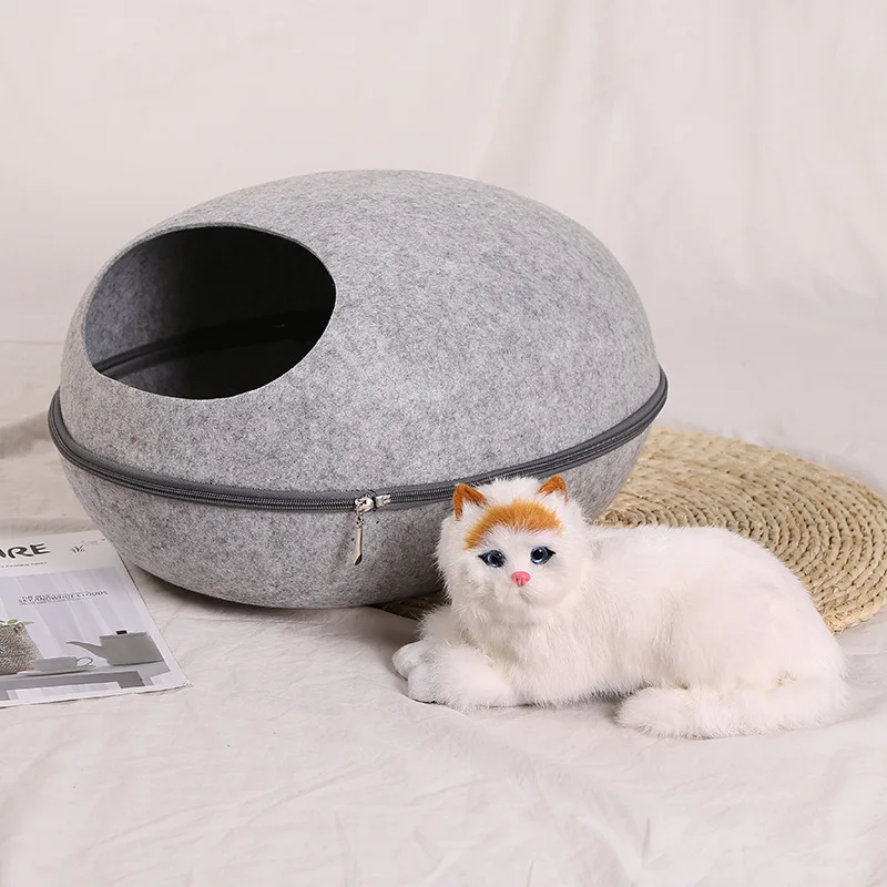 Egg Shape Dog Cat Bed Cat Sleeping Bag Zipper Felt Cloth Winter Warm Pet House All Around Cat Nest With Detachable Cushion Mat - Цвет: grey