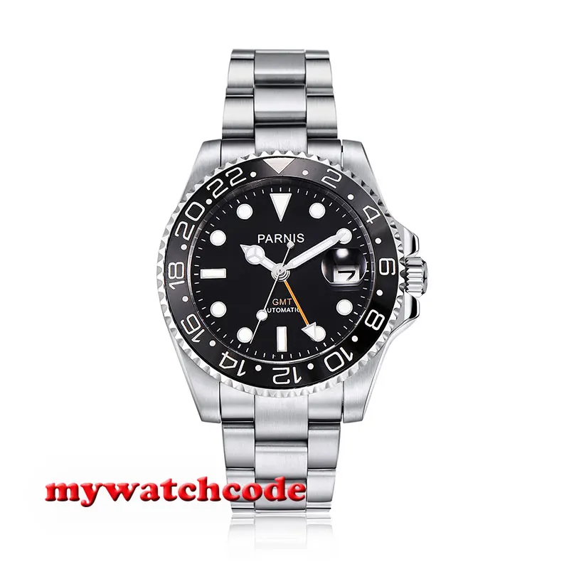 Parnis 40mm black dial GMT Mechanical Watch Sapphire glass automatic mens watch high quality super luminous Relogio Masculino
