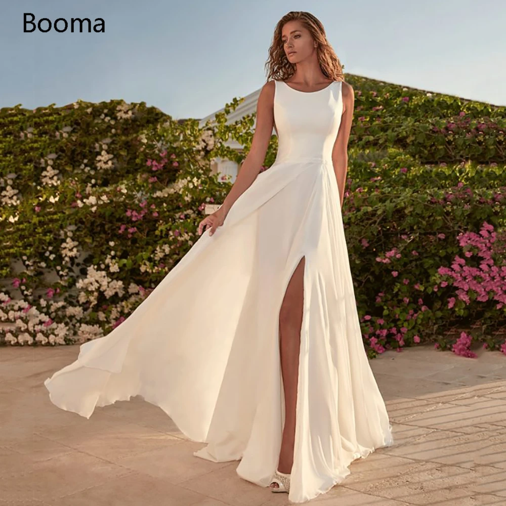 

Simple Ivory Chiffon Wedding Dresses Scoop High Slit A-Line Bride Dresses Backless Cutaway Sides Lace Belt Long Wedding Gowns