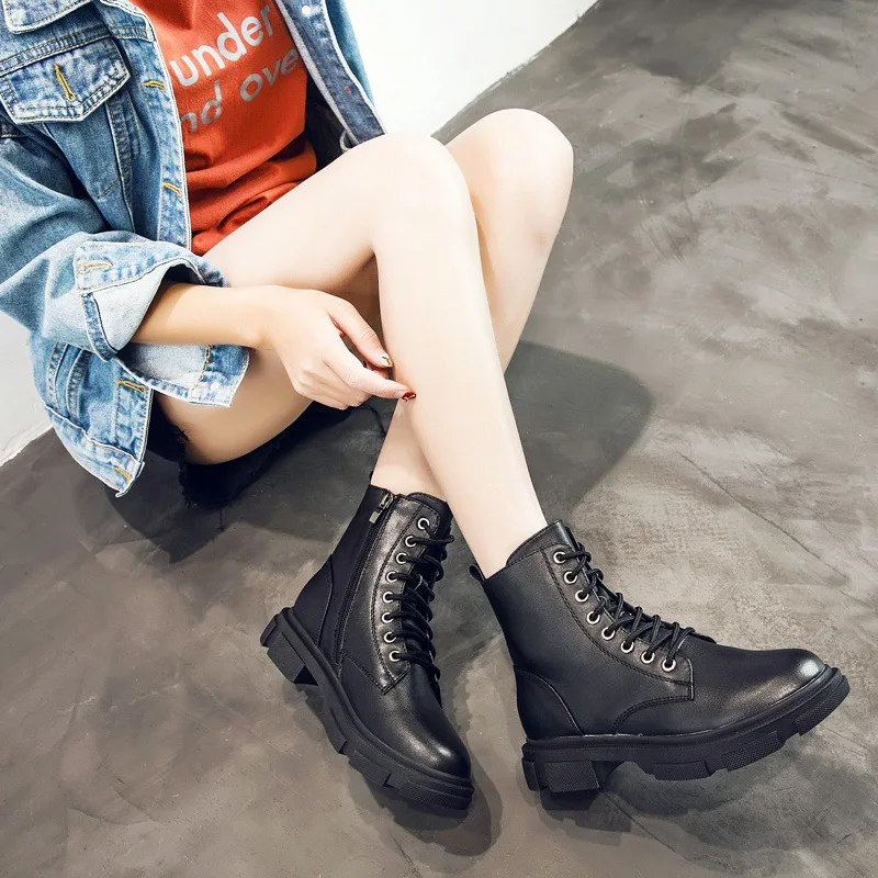 

Full-grain Leather WOMEN'S Boots Martin Boots 2019 Autumn & Winter New Style Leather Short Boots Casual Cotton Boots Women's Hig