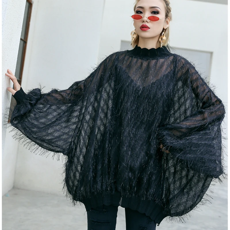 

Chiffon Plus Size Shirt Tassel Voile Base Ladies Tops Transparent Batwing Sleeve Oversized Loose Wave Cut Hem 2020 Spring Summer