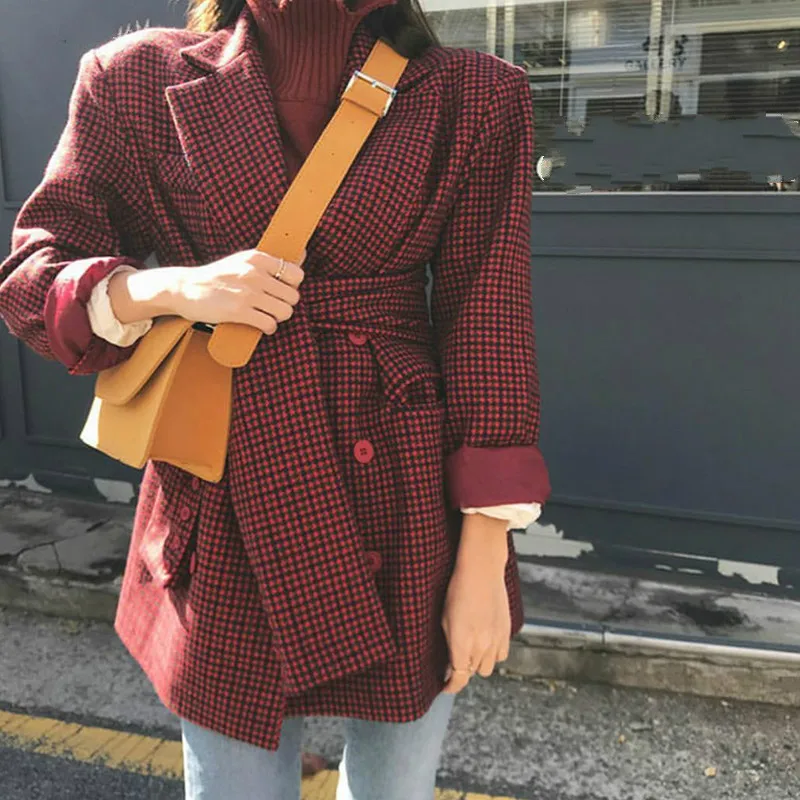 wine red Neploe, женские блейзеры, винтажное шерстяное клетчатое пальто, двубортное, с поясом, бандаж, тонкая приталенная куртка, с длинным рукавом, зубчатое пальто 56506 - Цвет: wine red