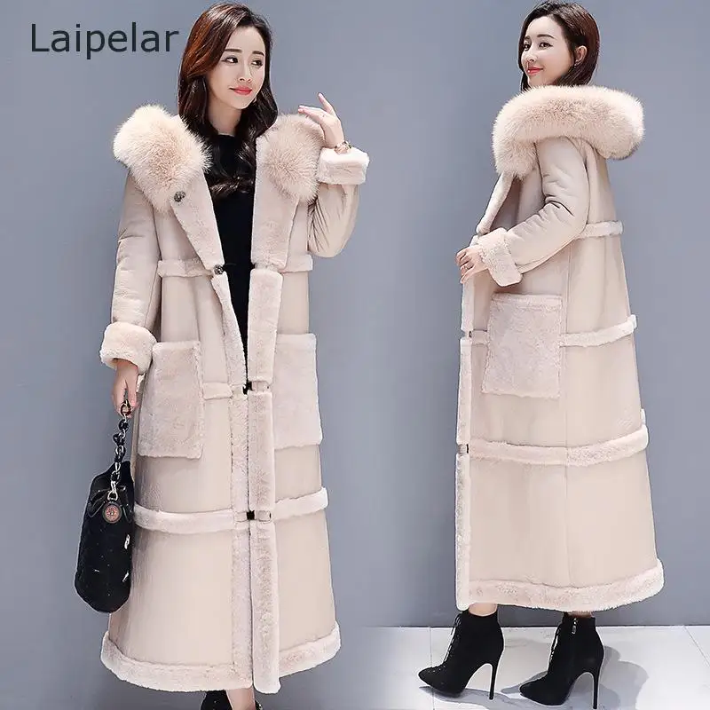 Winter Lamb Fur Coat Women  Fur Collar Faux Leather Thick Warm Long Coat Elegant Metal Magnetic Buttons Coat 2020 New