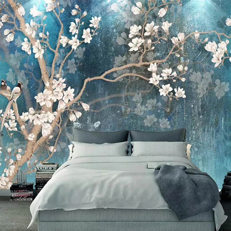 Custom-3D-Wall-Murals-Wallpaper-Nordic-Blue-Vintage-Hand-Painted-Flowers-Birds-Oil-Painting-Wall-Paper