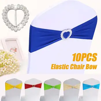

10pcs Silver Heart Buckle Stretch Spandex Chair Sash Band Wedding Chair Bow Tie Polyester For Wedding Hotel Banquet Decor
