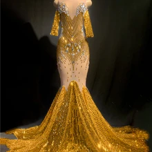 Женское блестящее Прозрачное платье с блестками и хвостом, длинное вечернее платье, стразы, платья на день рождения, свадьбу, праздничный костюм