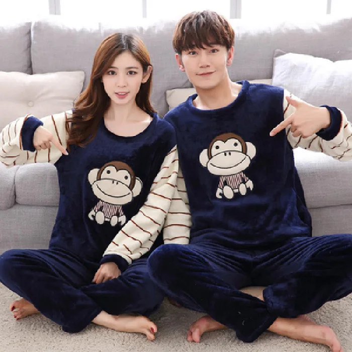 

[Temperature Attitude Warm] Couples Pajamas Autumn And Winter Flannel Thick Warm Loose-Fit Flannel Stripes Monkey Home Wear