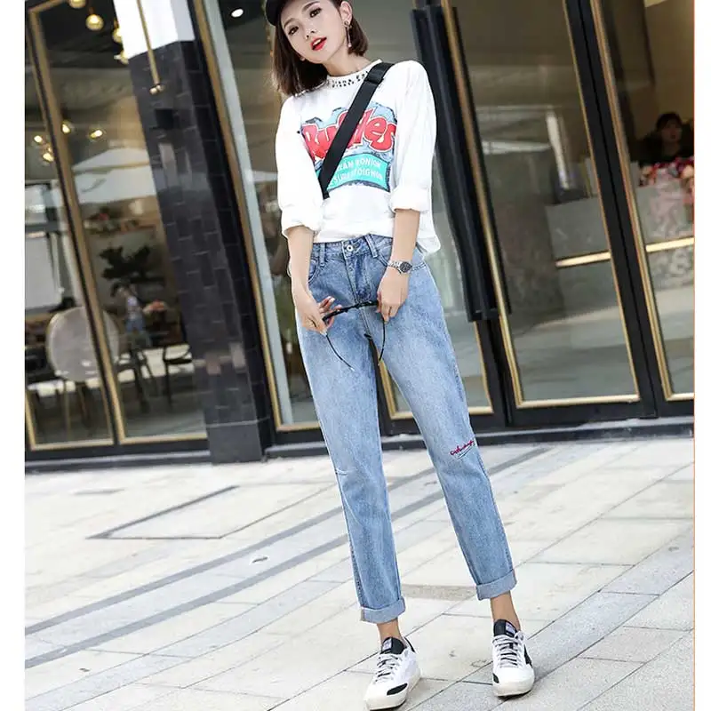 Stretch jeans women loose spring new high waist nine points old women's straight radish pants casual letters women jeans