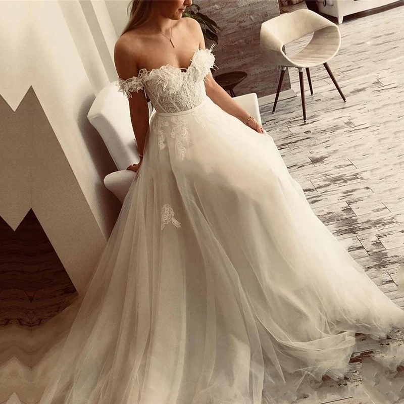 

Romantic Off Shoulder A Line Wedding Dress Beach Boho Tule Bridal Dresses Backless 3D Flower Appliques Wedding Gown Custom Made