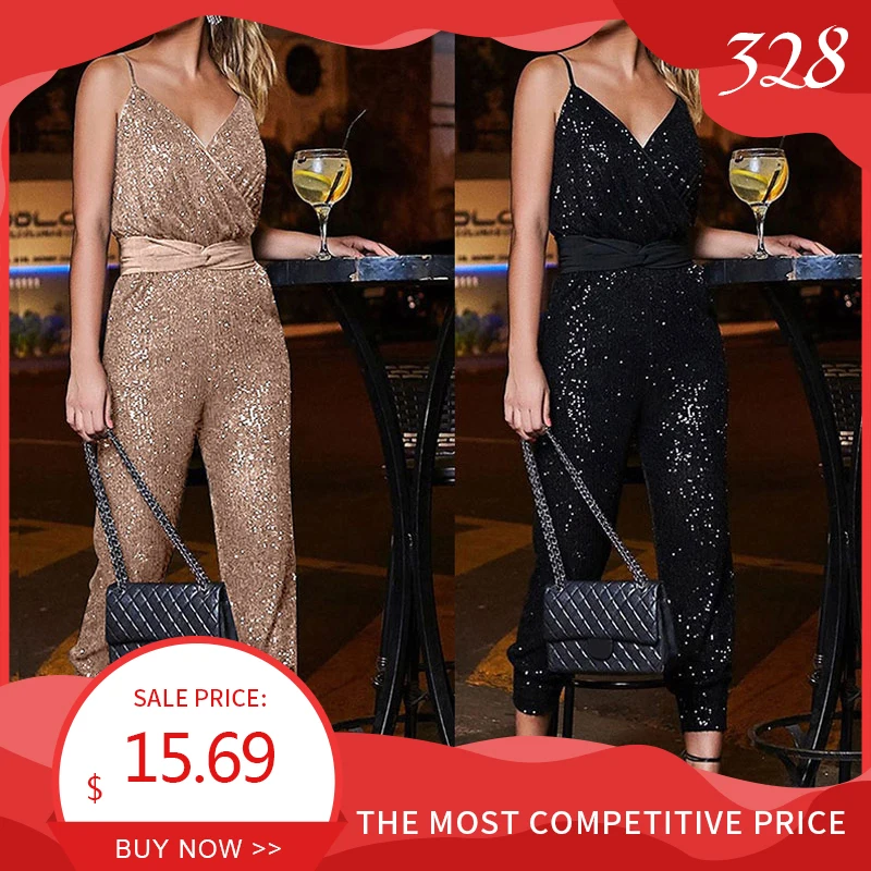 

Women Sequin Glitter Spaghetti Strap Jumpsuit V-Neck Sleeveless Backless Female Rompers 2020 Summer Fashion Casual Lady Clothes
