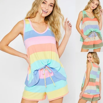 

Colorful Striped Vest Pajamas Women Loose Summer New Leisure Breathable Round Neck Sleeveless High Quality Breathable Pajamas