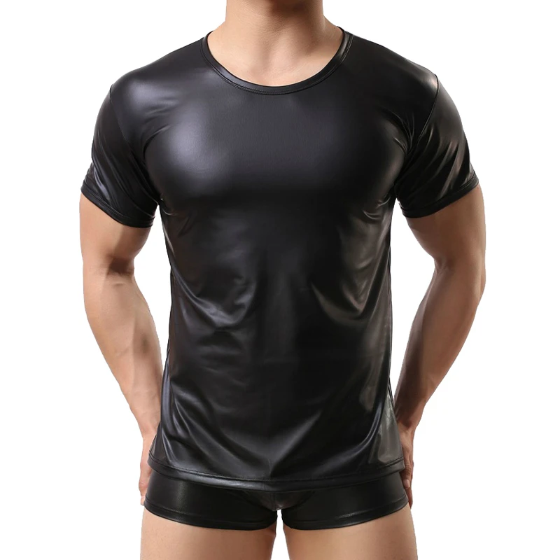 

Men T-shirt O-Neck Sexy PU Leather T Shirts Mens Sexy Fitness Tops Casual Gay Latex Male Stage Party Bar Clothes Suit Fit Black
