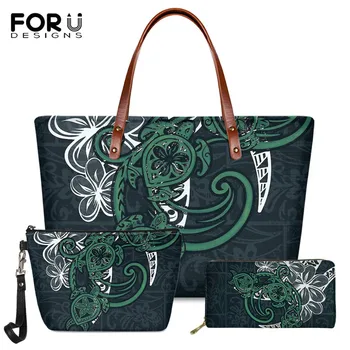 

FORUDESIGNS Luxury Women Handbag 3pcs Polynesian Green Turtle Print Brand Designer Ladies Large Shoulder Bag Long Leather Wallet