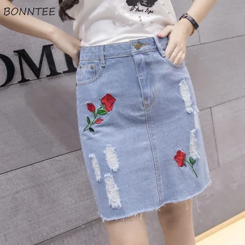 

Skirts Women Hole Denim Skirt Female 2020 Summer High Slim Womens Floral Embroidery Elegant Zipper Pocket Above Knee Trendy Chic