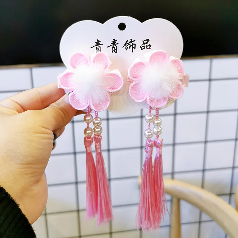 1 пара китайский стиль Hanfu аксессуары головной убор сладкая девочка принцесса красивый красочный Hairball цветок Длинная кисточка клипса утконоса