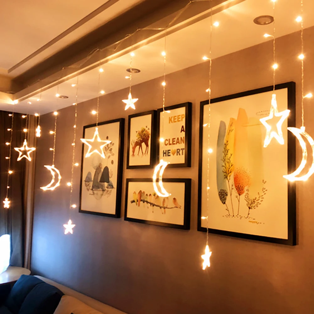 Super Bright Fairy String Light Moon Star 8 Modes Outdoor Festival Christmas Lights Decoration Moon Star Lamp String 3.5M 220V