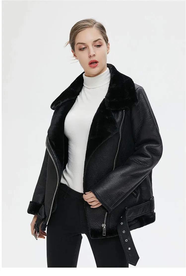Women's Jacket Loose Pu Leather Winter Coat With Fur Collar Black_voghion.com