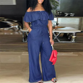

2019 Sexy Off Shoulder Ruffles Denim Rompers Womens Jumpsuit Ladies Plus Size Loose Wide Leg Pants Summer Slash Neck Jumpsuits