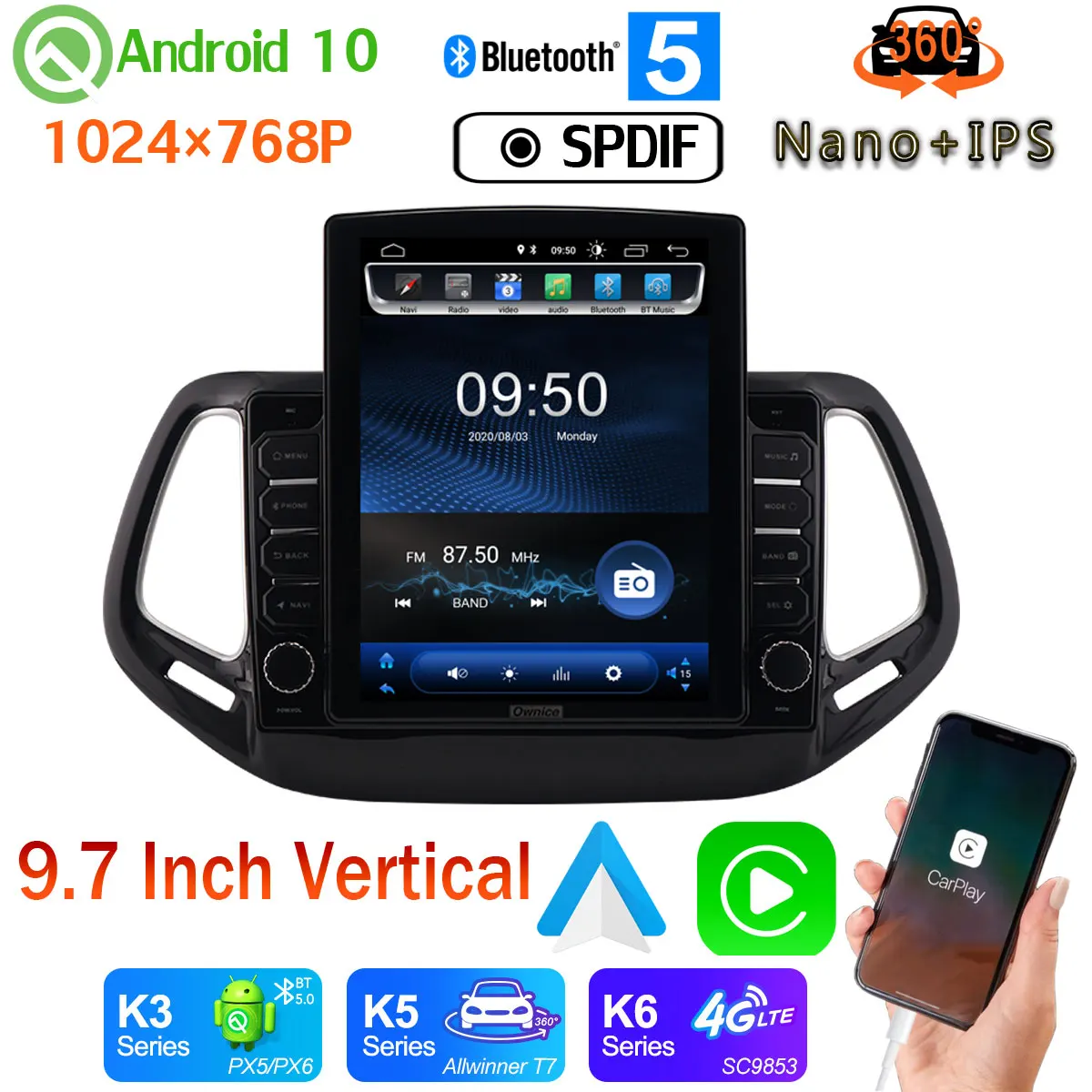 Android auto Nano + IPS 9 7 &quotвертикальный Tesla 10 автомобильный медиа-радио GPS PX6 4 64G для Jeep Compass