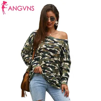 

Women Casual One Shoulder Loose Camouflage Printed Knitted None T-shirt Slim Autumn Fashion Long Sleeve