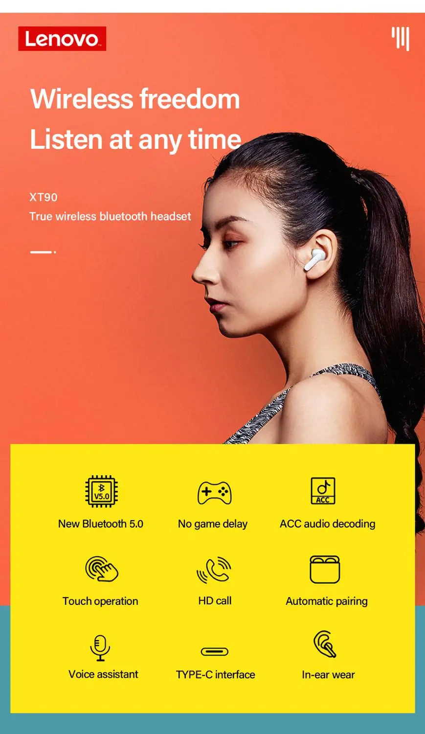 NEW Original Lenovo XT90 TWS Wireless Earphone Bluetooth 5 0 Dual Stereo Noise Reduction BassTouch Control Wireless Headset
